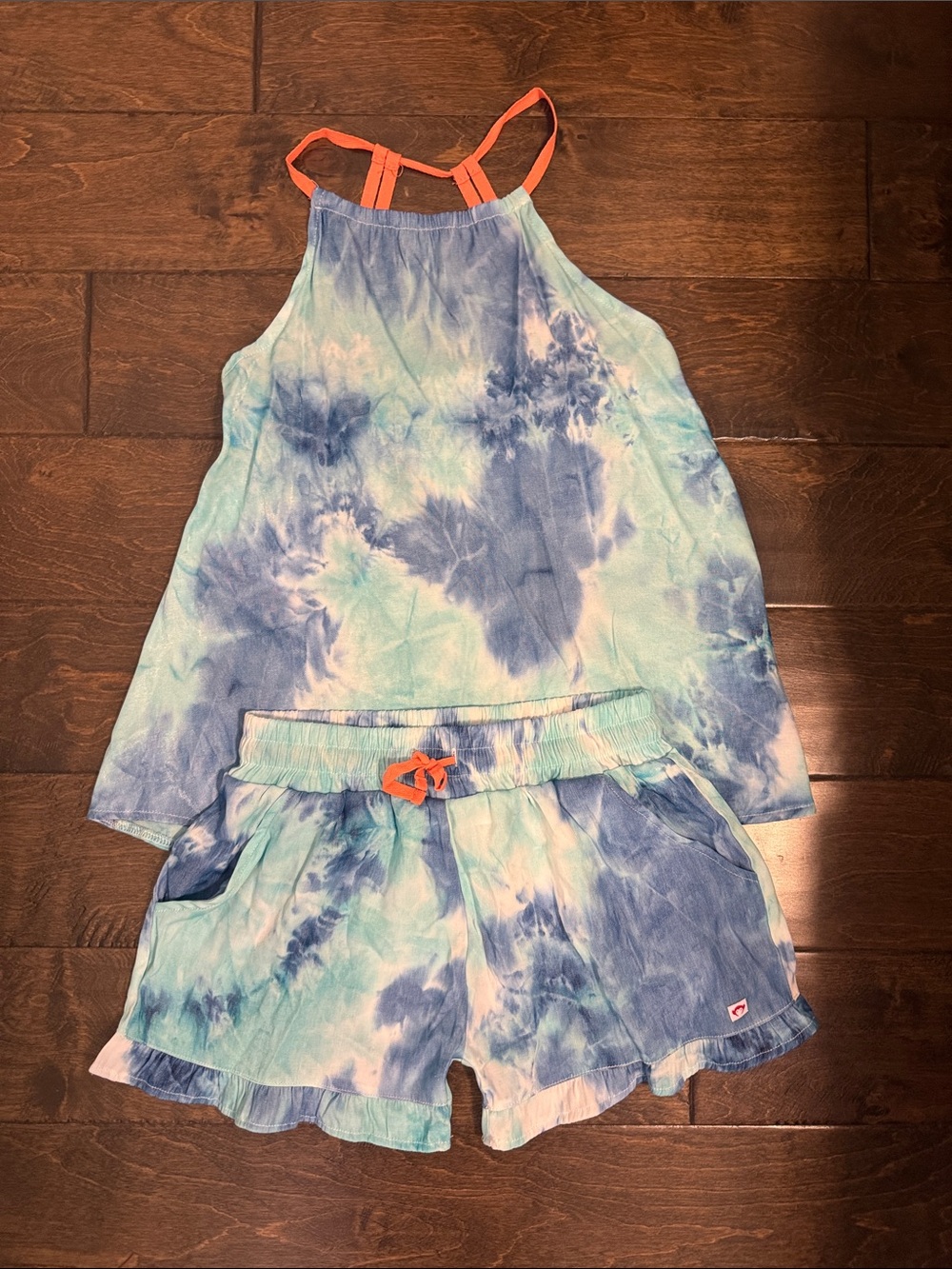 Appaman Girls Blue & Aqua Tie-Dye Tank and Shorts Set with Orange Straps